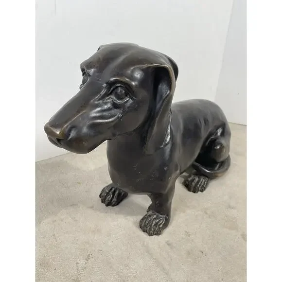 Dachshund Dog Sculpture Brass Metal Patina Life Size 16L 10H Seated Position